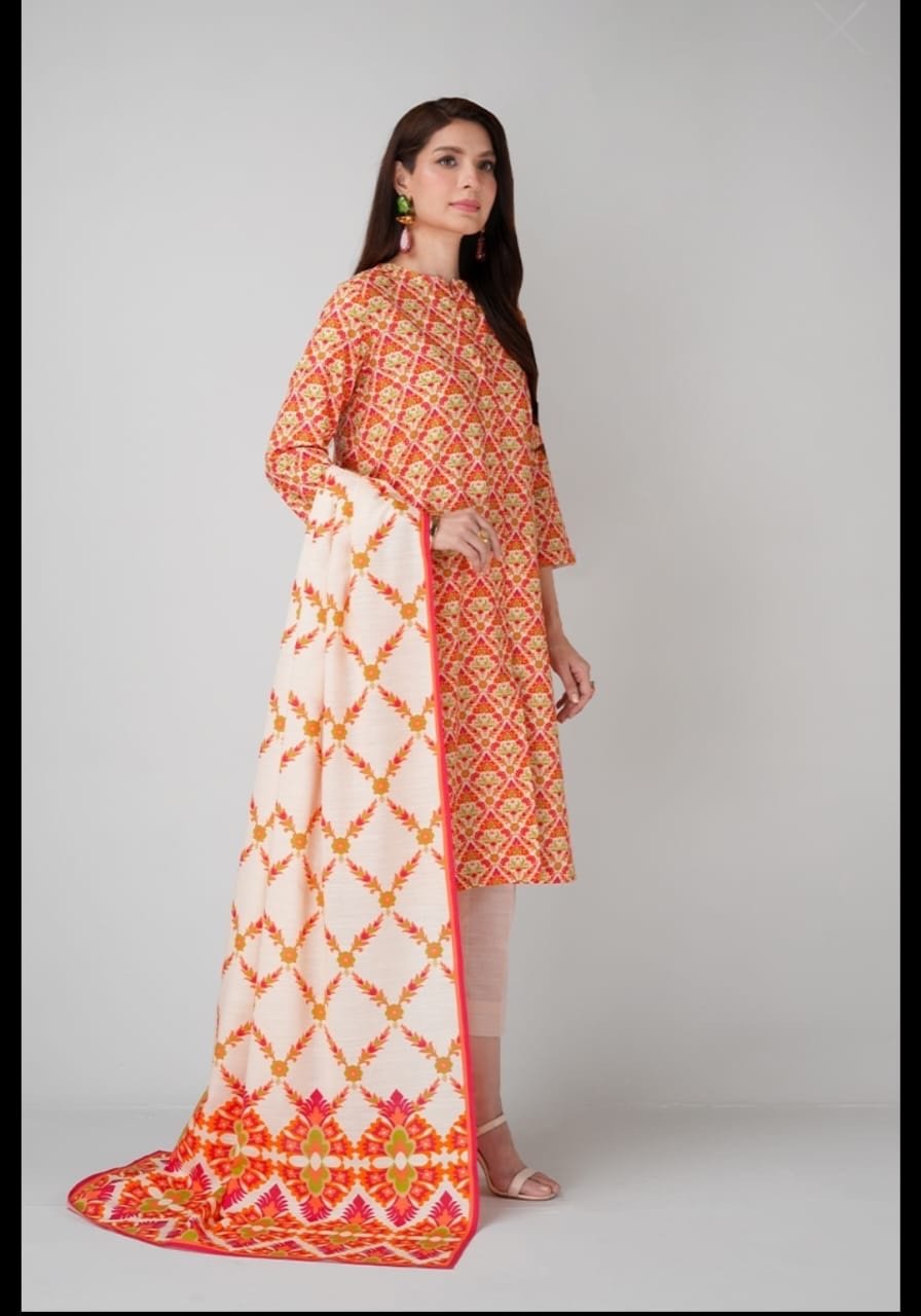 Bareeze 01 – Orange – linen with chiffon Duppata – 2024