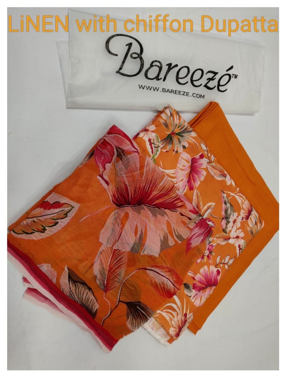 Bareeze 01 – Orange – linen with chiffon Duppata – 2024