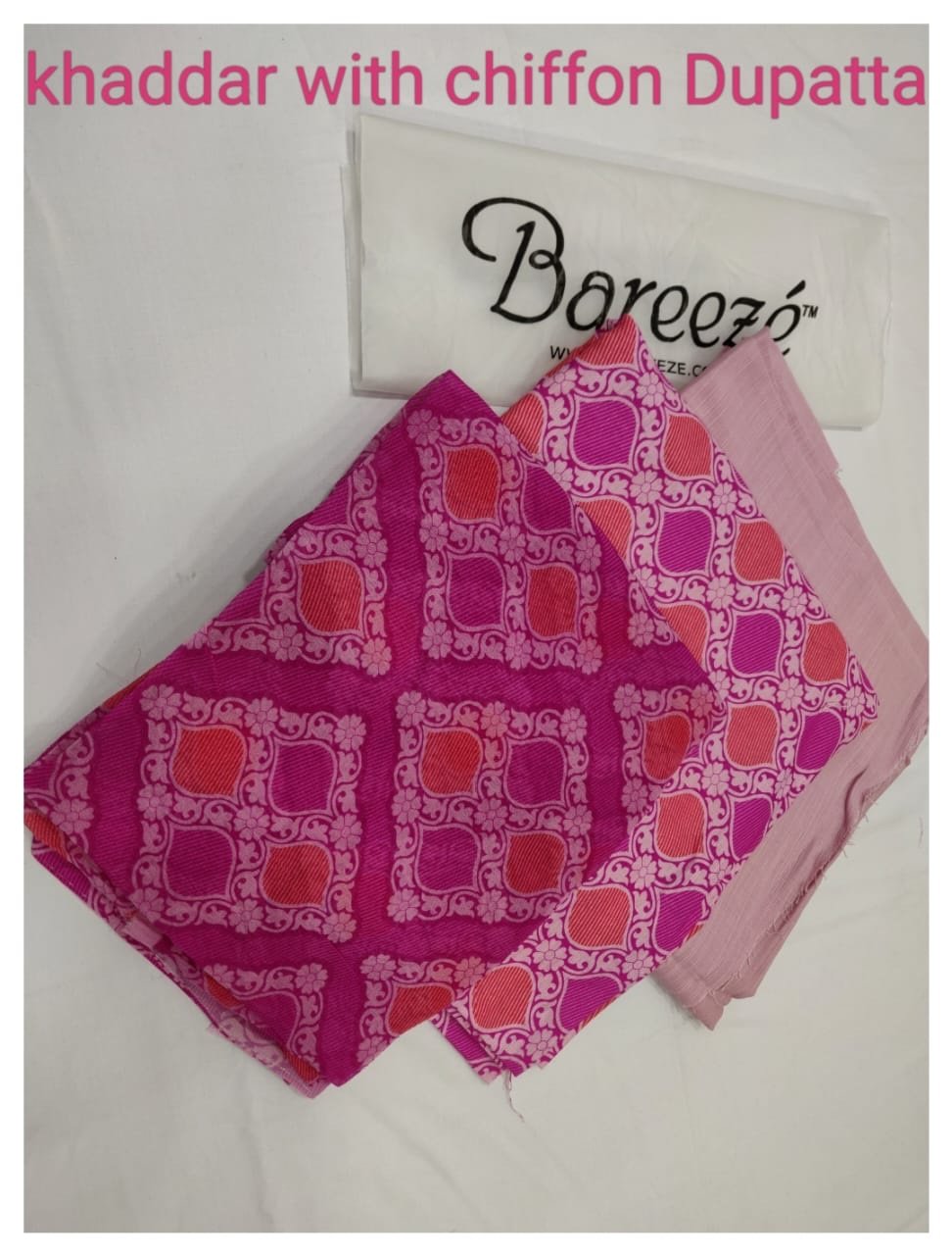 Bareeze 02 – pink – khaddar with chiffon dupata Printed